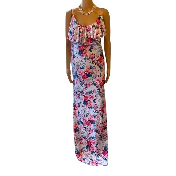 Boho Floral Print Hi low Adjustable Strap Fit and Flared Maxi Dress Women Sz MT - Picture 1 of 7